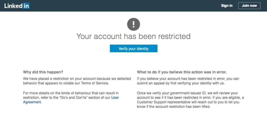 Restricted LinkedIn account message